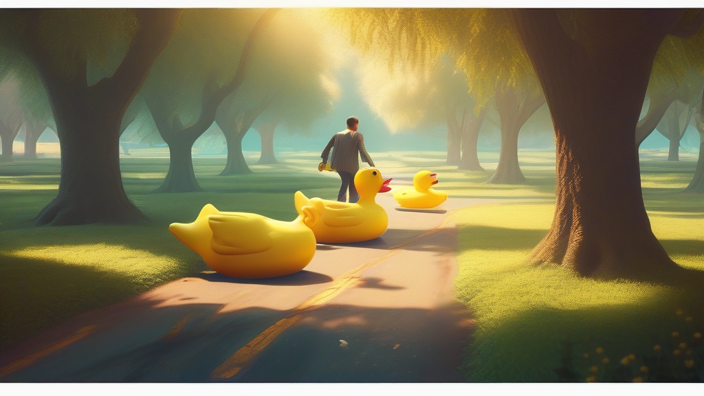 Dream example: Being chased by a giant rubber duck - Atmospheric dream scene illustration for "Being chased by a giant rubber duck". Theme: You find your
