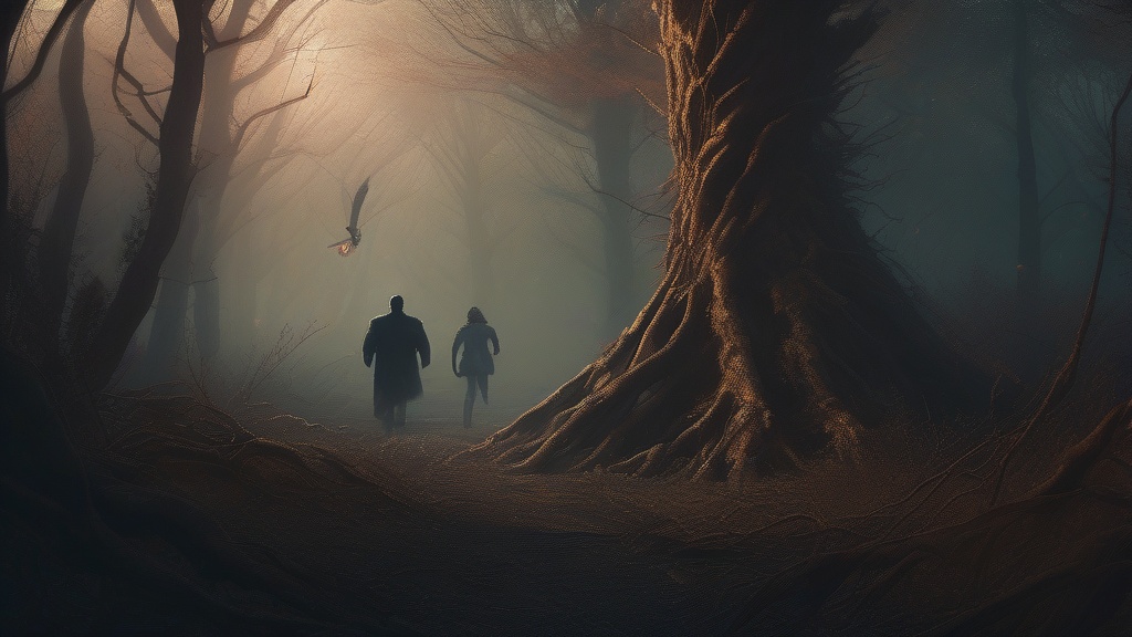 Dream example: Being chased by a monstrous figure - Atmospheric dream scene illustration for "Being chased by a monstrous figure". Theme: You find yours