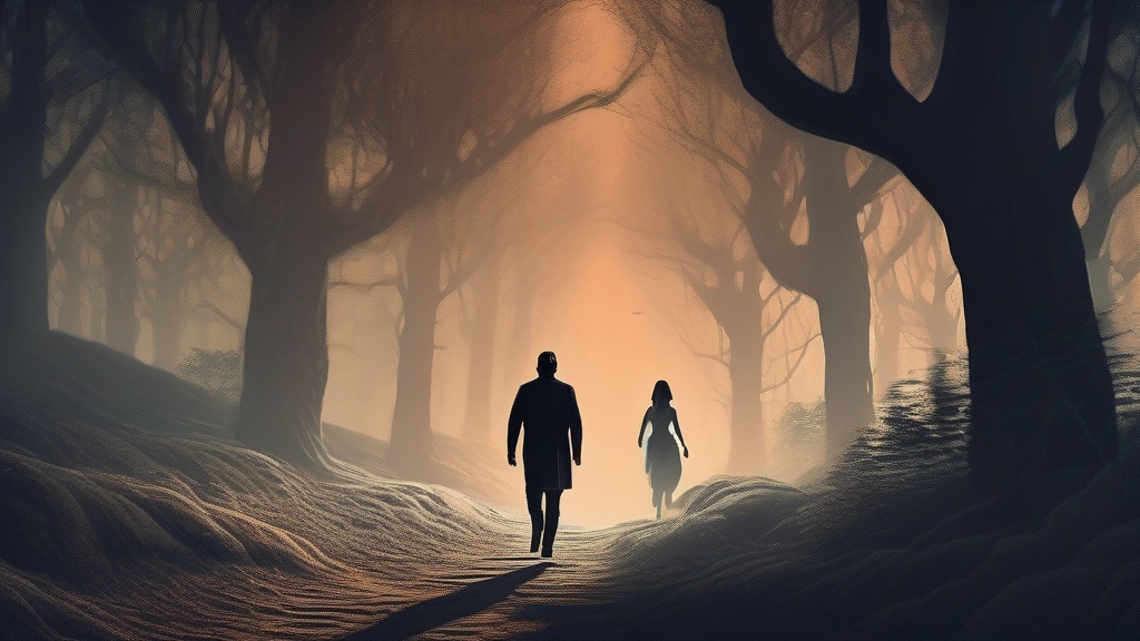 Dream example: Being chased by an unknown figure - Atmospheric dream scene illustration for "Being chased by an unknown figure". Theme: You find yourse