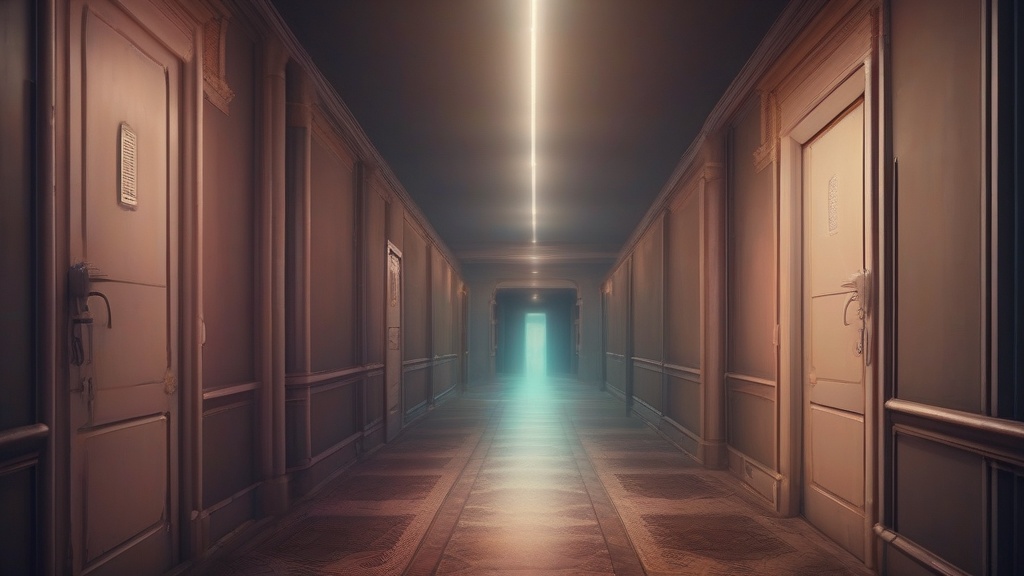 Dream example: Endless hallway with doors to nowhere - Atmospheric dream scene illustration for "Endless hallway with doors to nowhere". Theme: You find yo