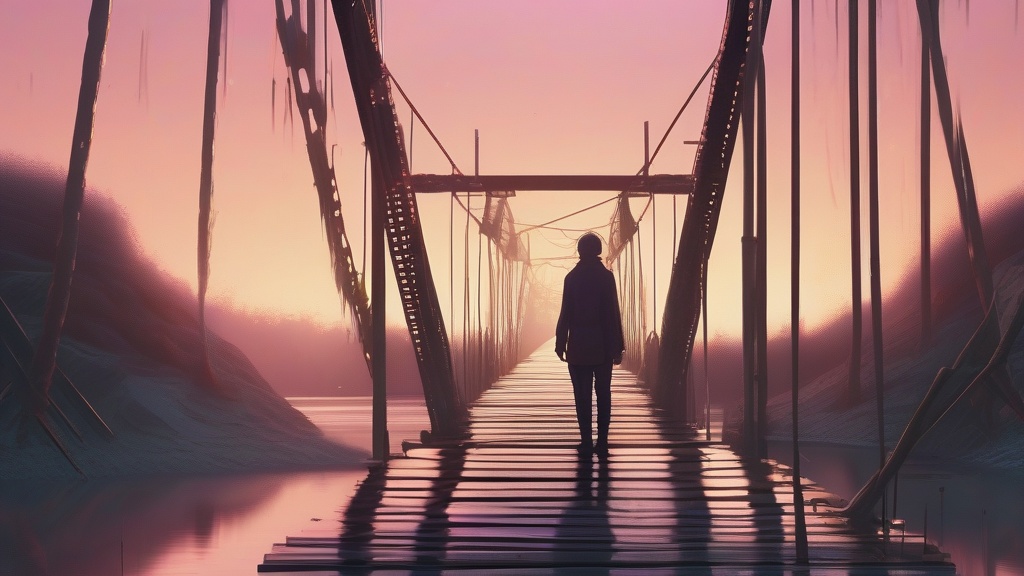 Dream example: Finding oneself on a collapsing bridge - Atmospheric dream scene illustration for "Finding oneself on a collapsing bridge". Theme: You find y