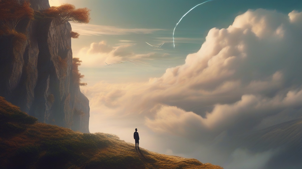 Dream example: Flying over landscapes consciously - Atmospheric dream scene illustration for "Flying over landscapes consciously". Theme: You find yours