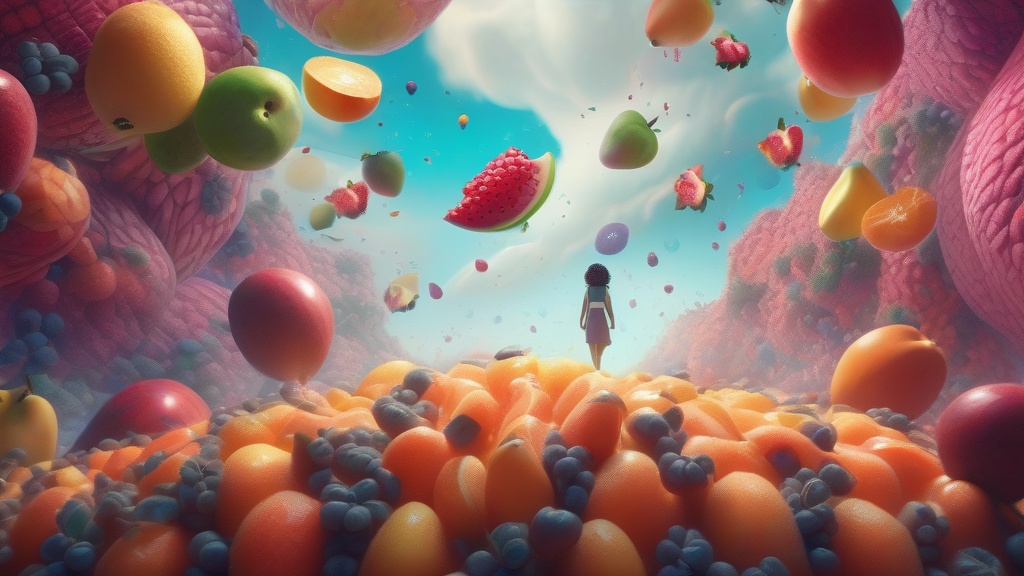 Dream example: Flying through a giant fruit salad - Atmospheric dream scene illustration for "Flying through a giant fruit salad". Theme: You find yours