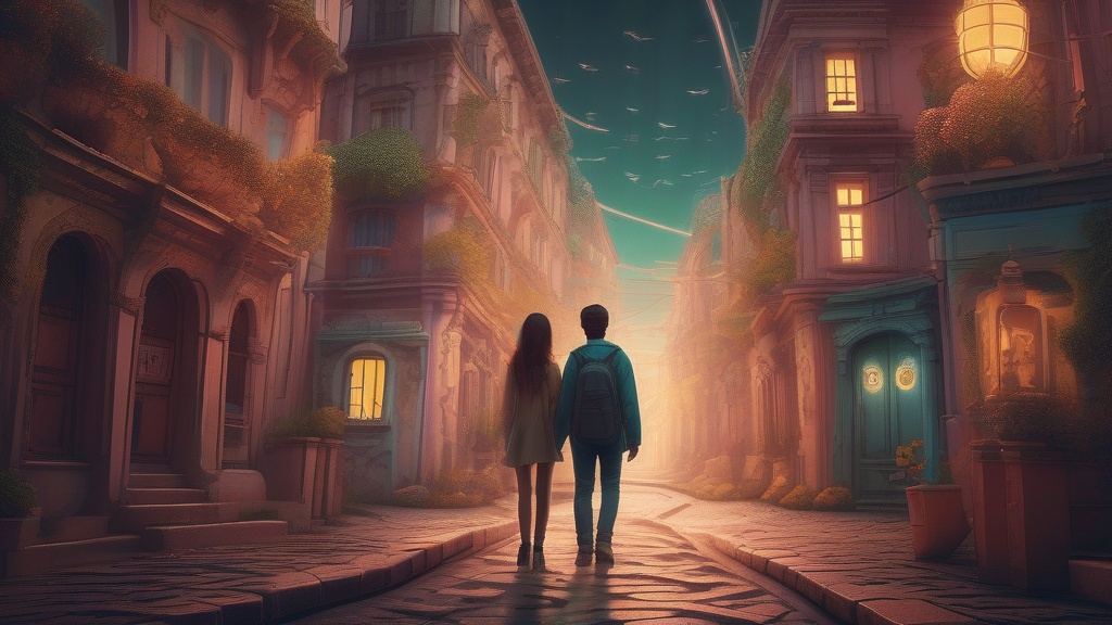 Dream example: Getting lost with a close friend - Atmospheric dream scene illustration for "Getting lost with a close friend". Theme: You find yoursel