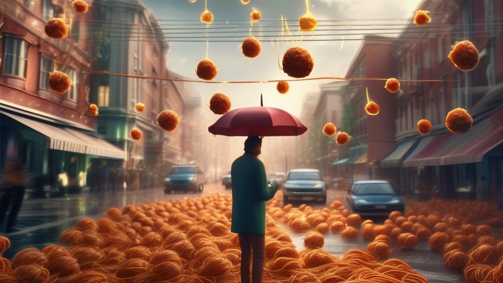Dream example: Rain of spaghetti and meatballs - Atmospheric dream scene illustration for "Rain of spaghetti and meatballs". Theme: You find yourself