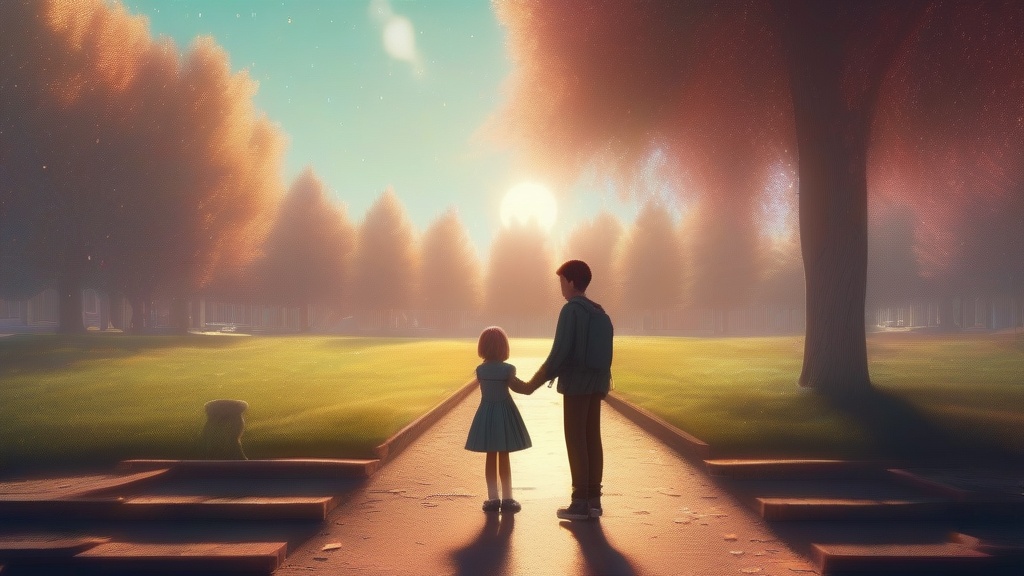 Dream example: Reuniting with a childhood friend - Atmospheric dream scene illustration for "Reuniting with a childhood friend". Theme: You find yourse