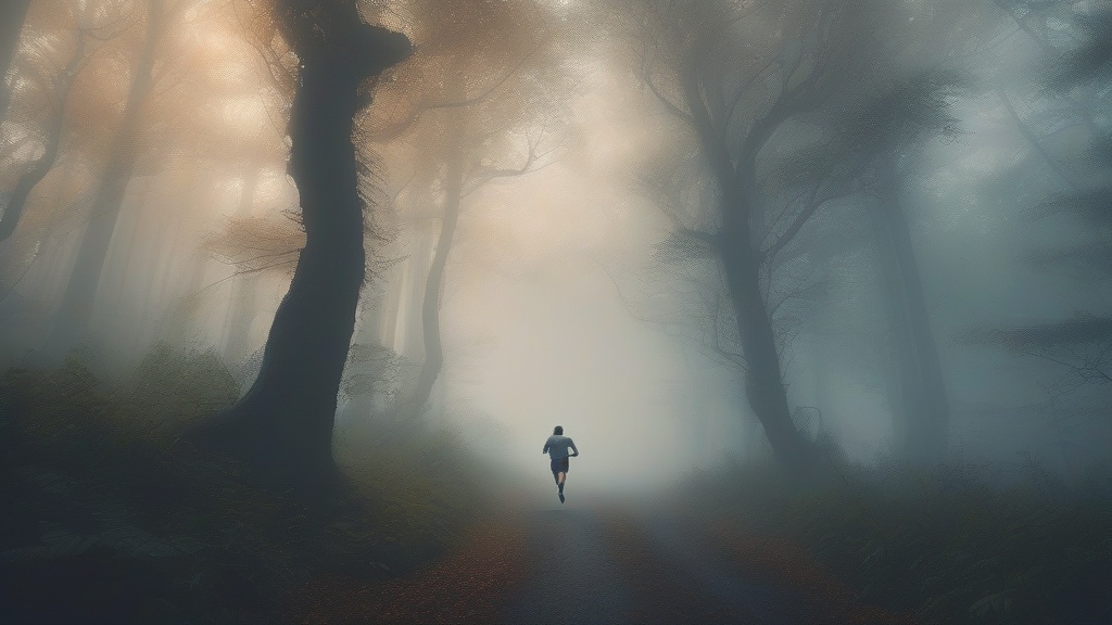 Dream example: Running through a foggy forest - Atmospheric dream scene illustration for "Running through a foggy forest". Theme: You find yourself