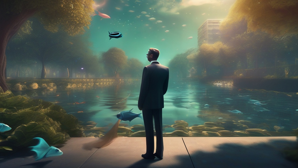 Dream example: Talking to a fish in a suit - Atmospheric dream scene illustration for "Talking to a fish in a suit". Theme: You find yourself in