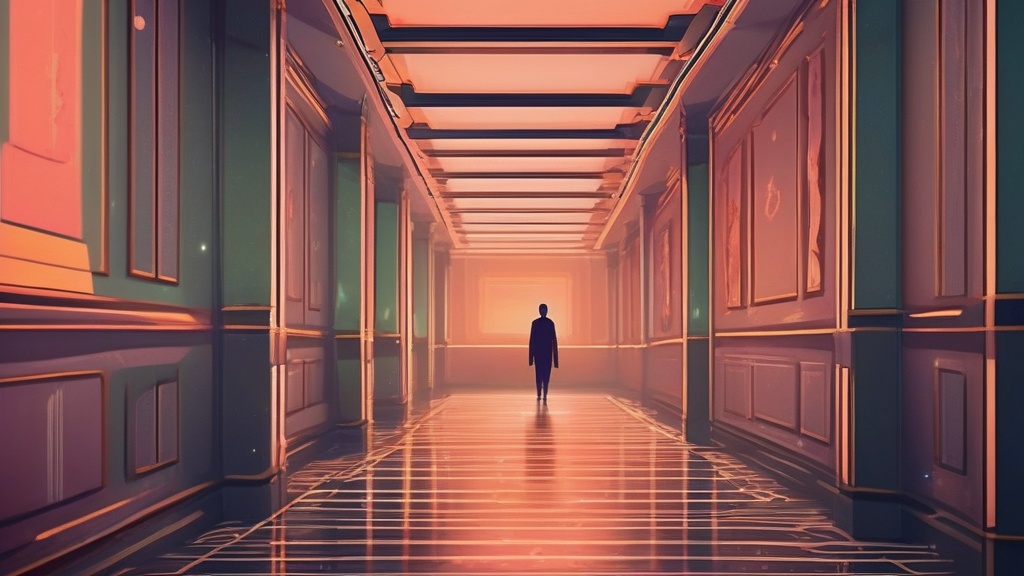 Dream example: The endless hallway - Atmospheric dream scene illustration for "The endless hallway". Theme: You find yourself standing in