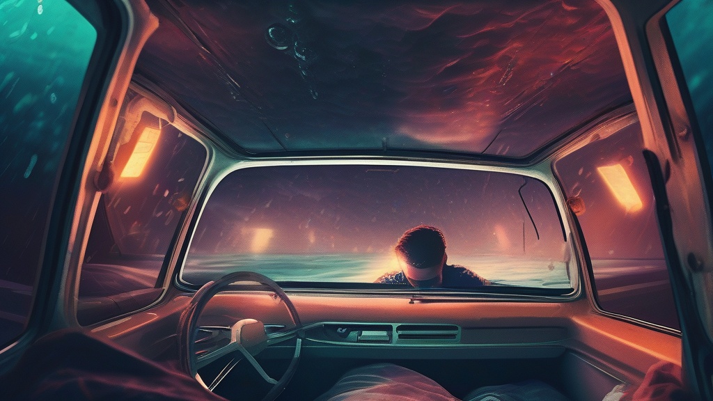 Dream example: Trapped in a sinking car - Atmospheric dream scene illustration for "Trapped in a sinking car". Theme: You find yourself inside