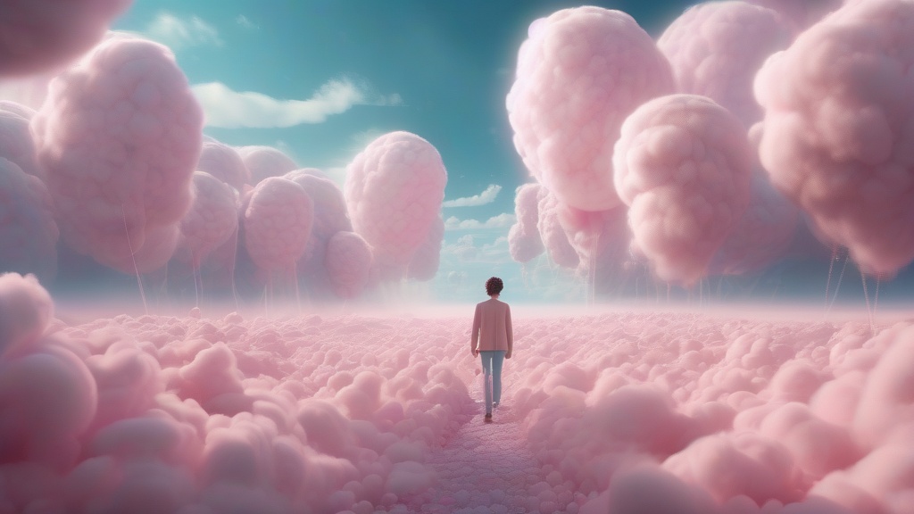 Dream example: Walking on clouds made of cotton candy - Atmospheric dream scene illustration for "Walking on clouds made of cotton candy". Theme: You find y